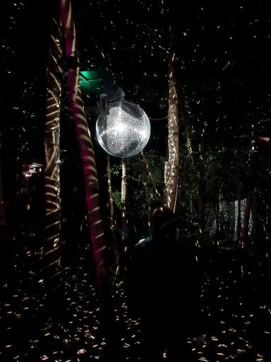Discobal hangt tussen bomen, omgeven door een donkere omgeving en sfeervolle verlichting. 